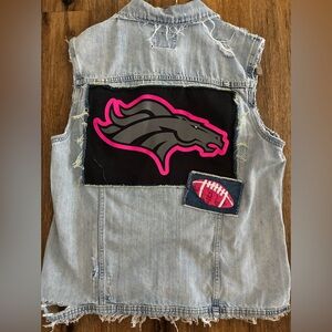 Upcycled Denim Vest Broncos. Classy Until Kickoff. XL Tall.